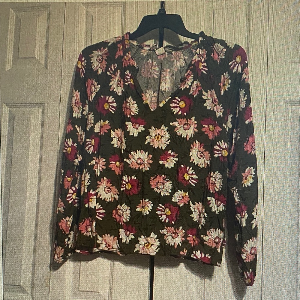 Floral V-Neck Long Sleeve Women’s Sweater - Olive with Pink Daisies